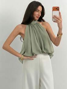 Aloruh Áo nữ cổ yếm xếp ly màu trơn - Màu xanh Ô liu - Xem 5