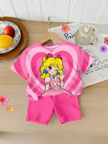 SHEIN 女童可爱卡通爱心印花休闲舒适圆领短袖T恤短裤两件套，适合春夏日常穿着、运动和户外活动 - 白色 - 查看 3