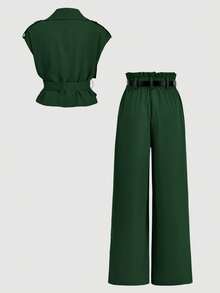 SHEIN MOD Women's Solid Color Lapel NeckDouble-Breasted Jacket And Wide-Leg Pants Elegant Suit Set - Dark Green - View 2