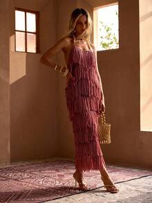 MOTF PREMIUM BEADED DECOR TASSELED SHEER VACATION COVER UP MID-LENGTH DRESS - Dusty Pink - View 3