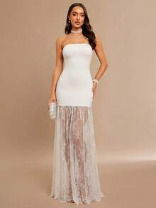 Silquee Women's Solid Color Contrast Lace Hem Dress,Dresses For Women Summer - White - View 3