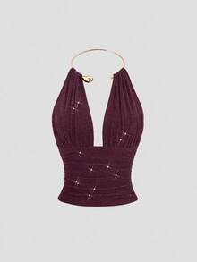 SHEIN Sweetro Áo hai dây choker xếp ly, bóng bẩy, khoét sâu lưng, gợi cảm dành cho nữ, kiểu dáng thời trang, tôn dáng, thích hợp cho tiệc tùng, mùa xuân/hè. - Màu Đỏ Sâu - Xem 6