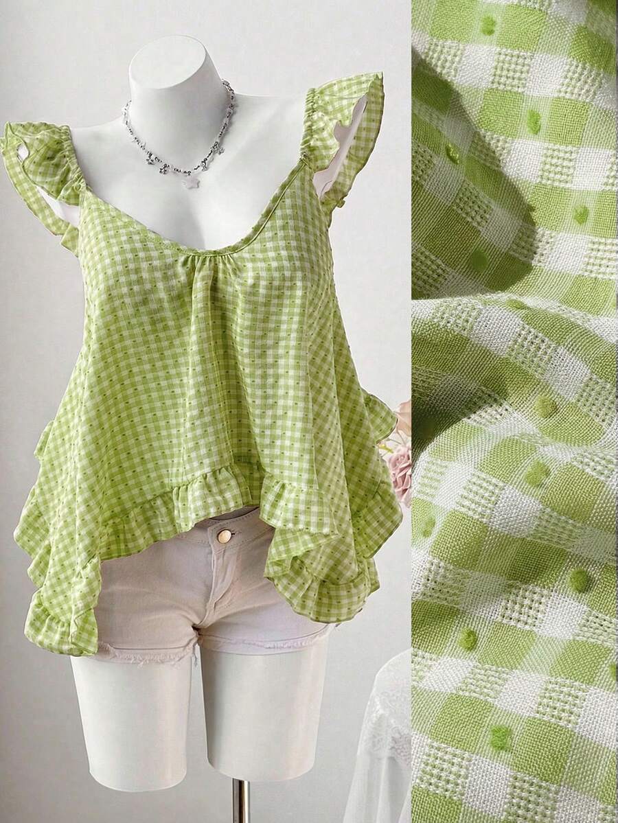 Sweetra Summer New Pink Plaid Asymmetrical Ruffle Design Fashionable Sleeveless Camisole - Green - View 1
