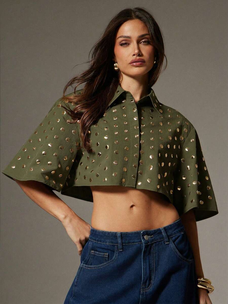 Denimoi Women's Rivet Design Short Sleeve Single-Breasted Cropped Shirt - Army Green - View 1