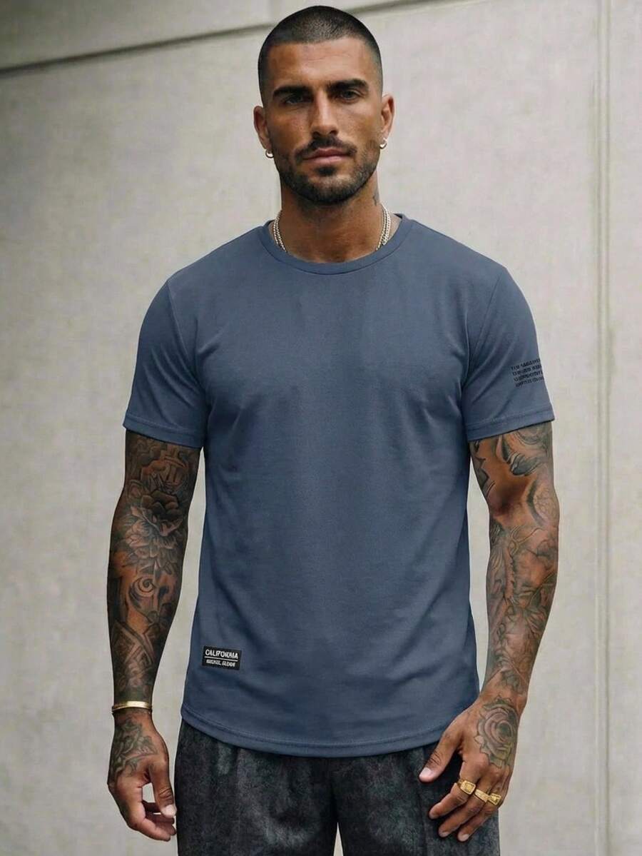 Manfinity VCAY Men Letter Patched Detail Tee, Summer - Dusty Blue - View 1