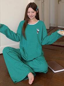 DAZY Dog Pattern Striped Loose Long Sleeve & Pants 2 Pieces Pajama Set For Women, Spring - Green - View 5