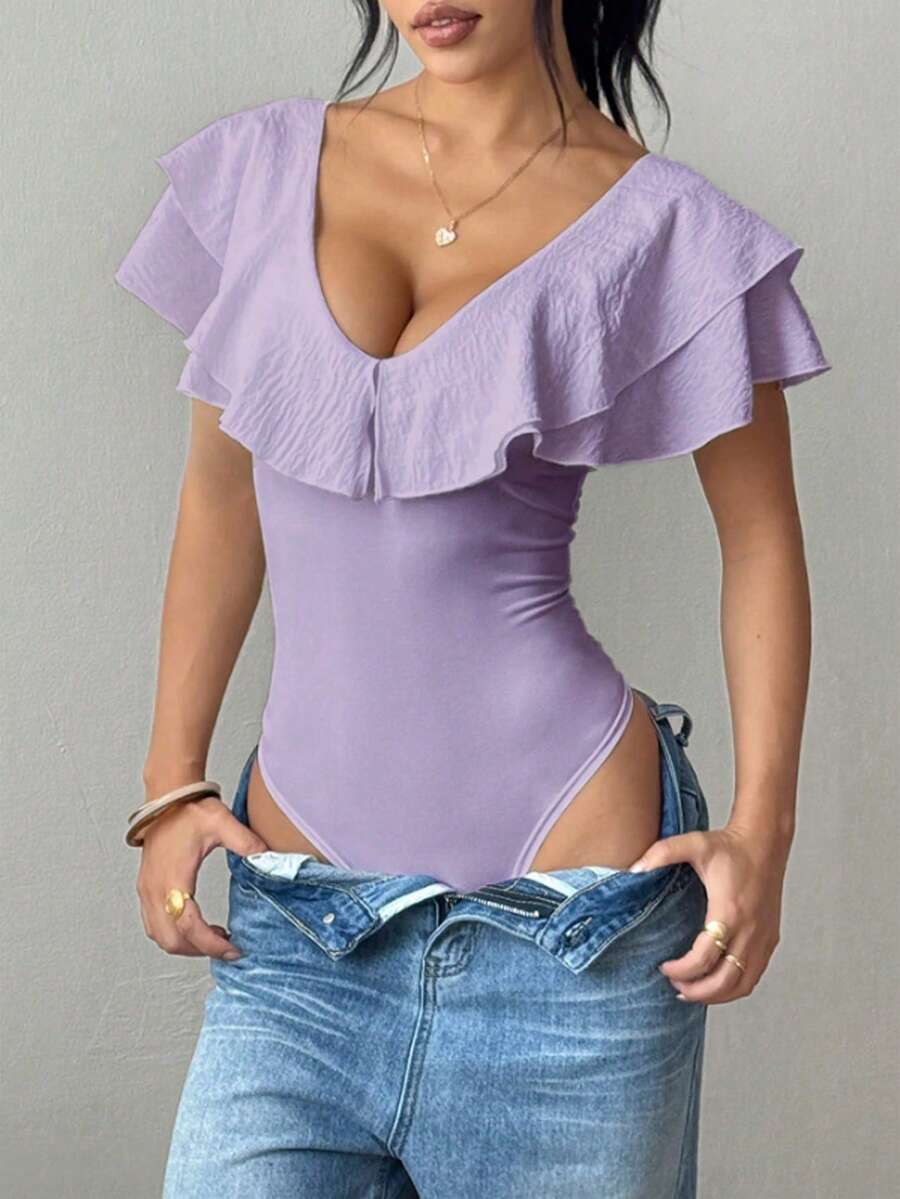 Rafferiza Women's Solid Color Ruffle Trim Bodysuit - Purple - View 1