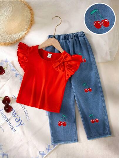SHEIN Vintaside Kids 两件套女童休闲蝴蝶结装饰泡泡袖T恤和樱桃刺绣牛仔裤套装，适合户外活动、生日派对穿着