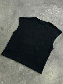 SUMWON Áo tank top ngắn tay màu đen dáng ôm, họa tiết in bạc màu, phong cách đường phố thường ngày mùa hè. - màu đen - Xem 2