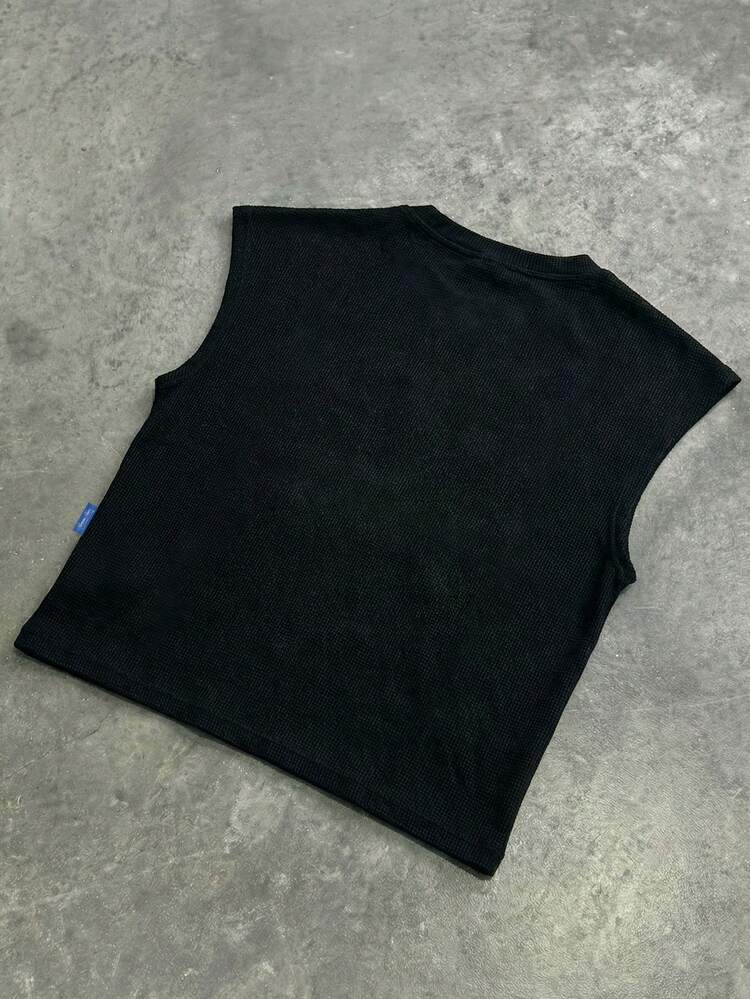 Crop Fit Black Sleeveless Tank Top Distressed Print Design Casual Summer Streetwear Style