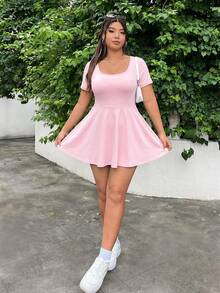 GalTyme 大尺碼女款嬰兒粉方領A字連身褲，高彈吸濕排汗，適合夏季休閒登山運動瑜伽健身 - 淺粉色 - 查看 4