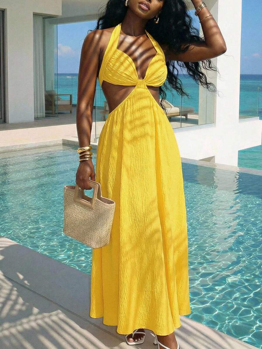 Slaydiva Vestido elegante, romántico y sexy perfecto para vacaciones de primavera/verano, fiestas en la playa, citas, fiestas de cumpleaños, bodas y viajes en yate. Presenta un cuello halter, corpiño, diseño de escote bajo y una silueta de línea A fluida.