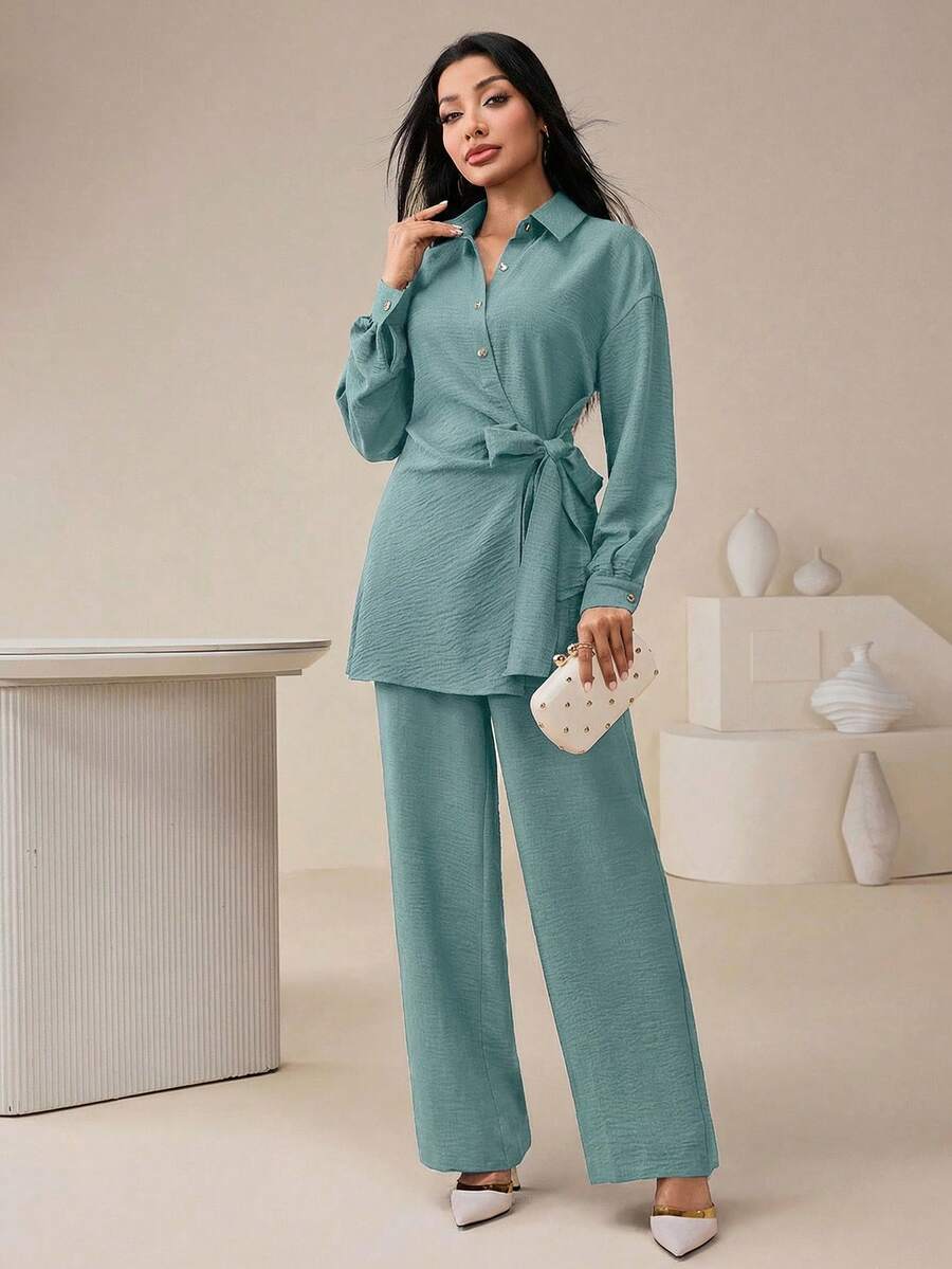 Veilorie Women's Solid Color Textured Button Half-Placket Tie-Waist Long Sleeve Shirt And Casual Pants 2-Piece Set - Baby Blue - View 1