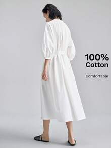 Ontre 女士米色舒适柔软高档面料圆领落肩七分泡泡袖O型廓形褶皱领口前襟纽扣腰带腰部系带连衣裙，适合现代都市商务休闲、办公室通勤、机场休闲、低调复古、高端邮轮度假、中东简约奢华风等多种场合，是四季皆宜的百搭长裙。 - 白色 - 查看 7