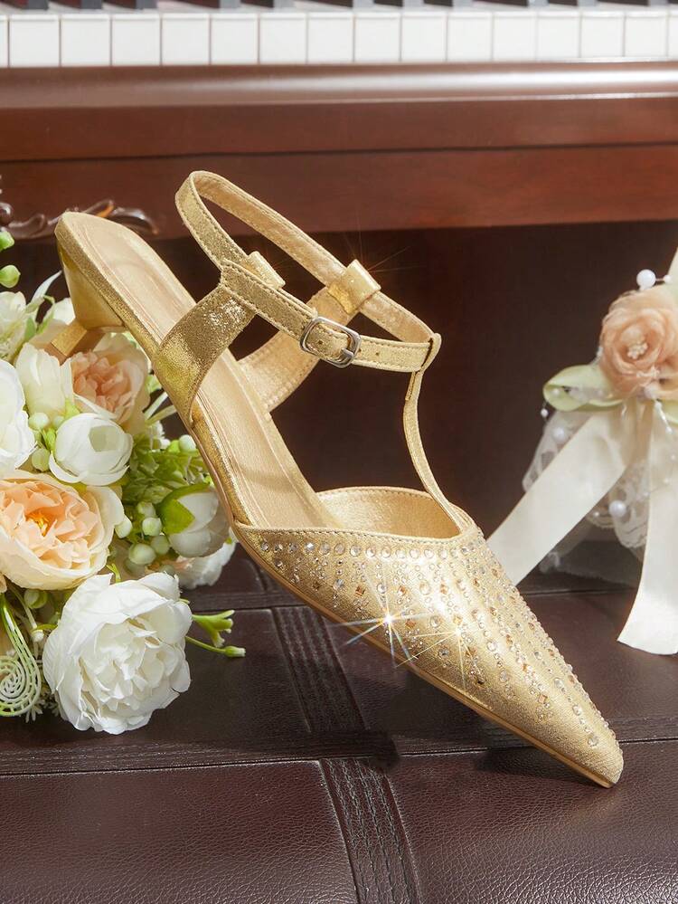 CUCCOO HITCHD Pointed Rhinestones Kitten Heel Shoes Ladies Elegant Wedding High Heels