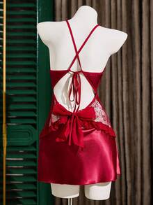Women's Sexy Lace Patchwork Backless Ruffle Hem Mini Camisole Nightgown - Burgundy - View 8