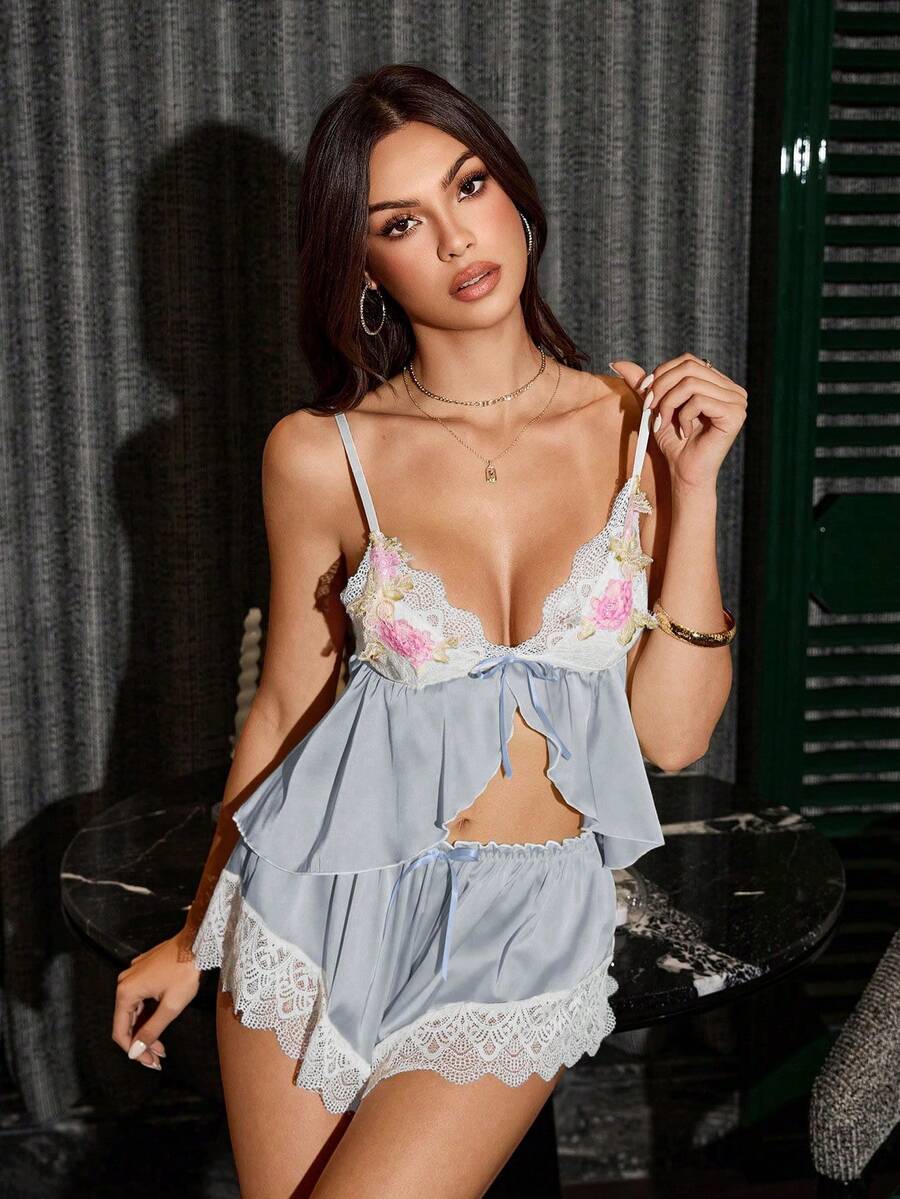 SilkySpell Contrast Color Lace Patchwork Deep V Floral Decor Sexy Charmeuse Pajama Set - Baby Blue - View 1