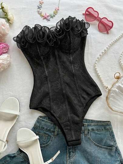 Soleia Ruffled Strapless Bodysuit For Women, Suitable For Vacation, Holiday, Party, Date, Afternoon Tea, Music Festival, Beach, Summer Outfit, Boho, Crochet, Linen
