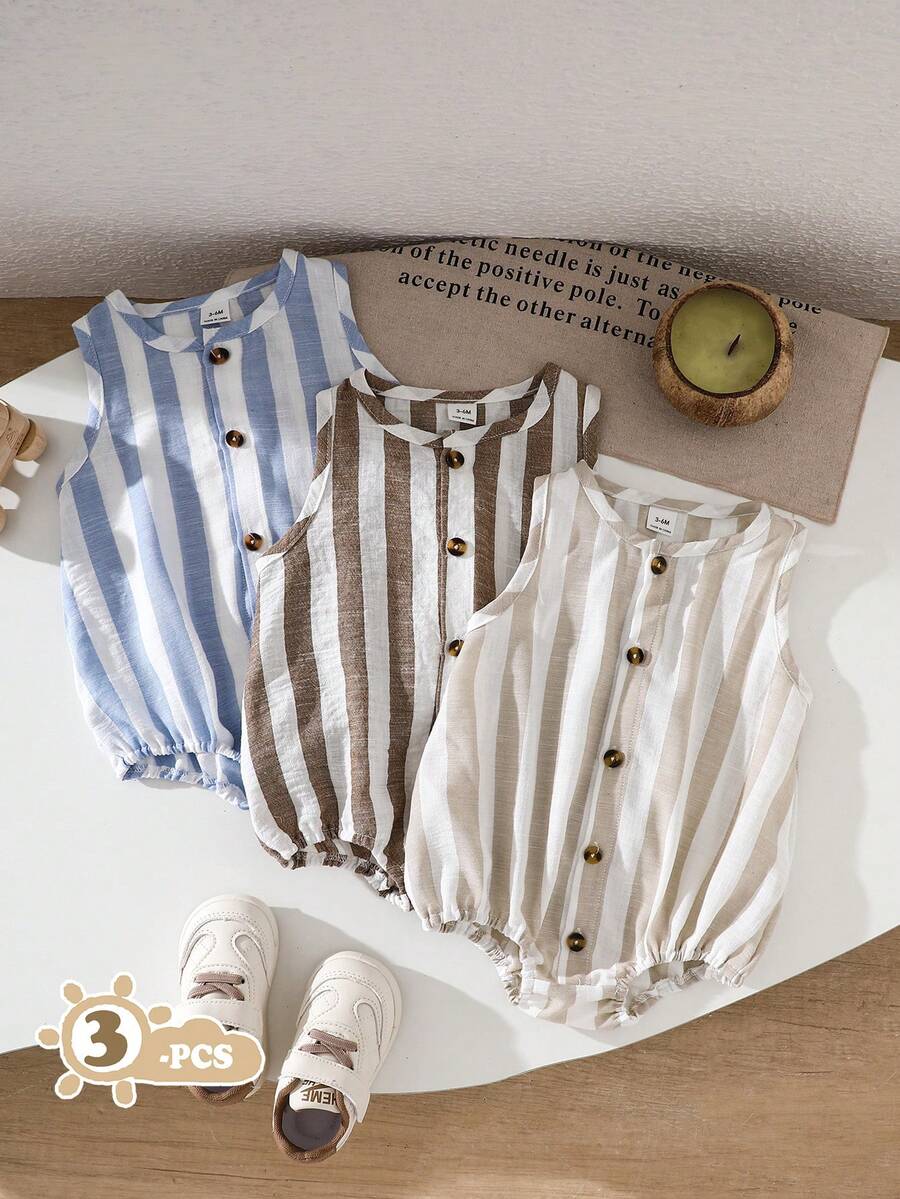 SHEIN 3件套男婴夏季蓝色、杏色、棕色条纹前开襟连体衣，休闲风格，适合日常户外玩耍、上学、度假、运动、派对等场合。 - 彩色 - 查看 1