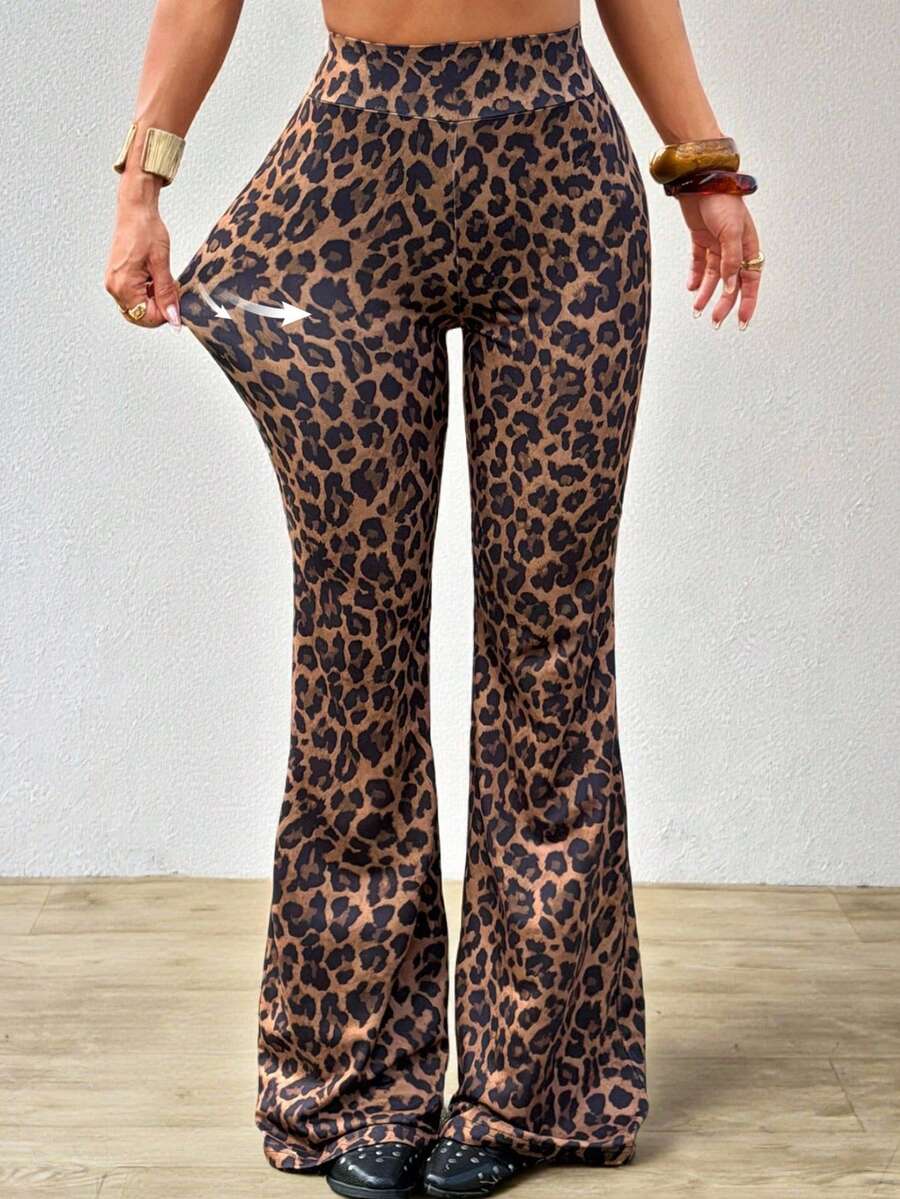 SHEIN EZwear 女士豹纹高腰修身弹力打底裤 - 彩色 - 查看 1