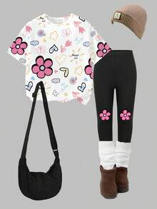 SHEIN 2pcs/Set Girls' Casual Chic Bowknot Leopard Print Pattern T-Shirt And Leggings Outfit, Comfortable Daily Wear For Spring, Summer And Autumn - Multicolor - View 4
