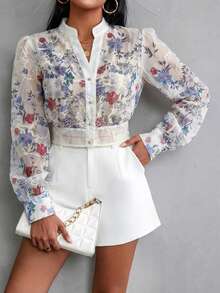 EMERY ROSE Random Printed Long Sleeve Blouse Button Up Shirt Women  - Multicolor - View 3