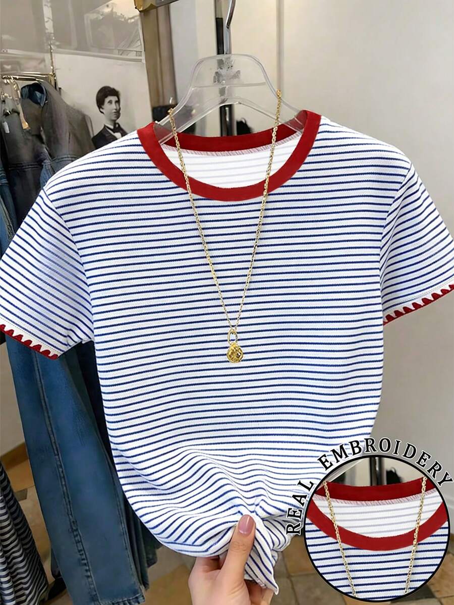 Tween-Mädchen 1 Stück T-Shirt mit Farbblock und Streifen, kurze Ärmel, bestickter Kragen Dekor, lässiges Grafik-Shirt, vielseitiger Stil geeignet für Frühling, Sommer, Lässig, Reisen - Verschiedenfarbig - Übersicht 1