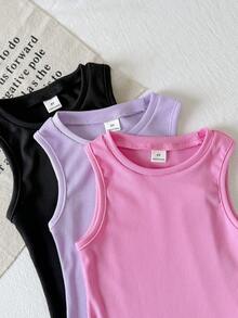 SHEIN 3件套女童夏季柔软连衣裙，洋红色、紫色、黑色，休闲度假日常百搭，柔软针织面料，舒适合身 - 彩色 - 查看 4