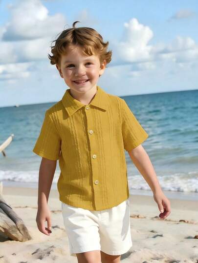 Souflis Souflis Boys' Casual Pleated Asymmetrical Fabric Short Sleeve Knit Shirt, Summer