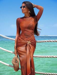 Swim Shayni Bộ đồ bơi Burkini 2 mảnh mùa hè dành cho nữ, in họa tiết hoa ly nâu, gồm váy dài, áo dài tay, quần dài và phụ kiện hình sao biển vàng, trang phục đi biển Trung Đông Ả Rập, đồ bơi, bộ đồ chống nắng. - Nhiều màu - Xem 5