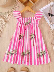 SHEIN Vestido casual de línea A holgado con volantes en el bajo, estampado de rayas tropicales, para niñas, para vacaciones, hogar, exterior, vuelta al colegio, primavera/verano - Rosa - Ver 2