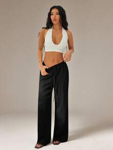 SHEIN PETITE 女士纯色系带阔腿宽松休闲百搭裤 - 黑色 - 查看 7