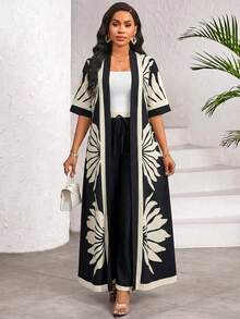 SHEIN Lady Áo choàng in hoa và quần ống rộng dành cho nữ - trang phục thường ngày. - Đen và trắng - Xem 8