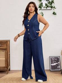 SHEIN CURVE+ Plus Size Women's Navy Blue Denim 2 Pieces Set,Summer Smart Casual Sleeveless Single-Breasted V Neck Top And Wide-Leg Palazzo Jeans For Everyday Wear - Dark Wash - View 3
