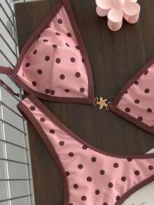 Swim Mod Bộ bikini nữ mùa xuân/hè màu trơn, kiểu dáng tam giác, không gọng, buộc dây cổ và quần short, gợi cảm, thích hợp cho kỳ nghỉ biển. - Hồng - Xem 5