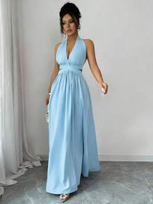 Rafferiza Đầm xếp ly không tay cổ chữ V khoét eo thanh lịch, màu tím, hàng mới về mùa xuân/hè. - Màu xanh nhạt - Xem 6