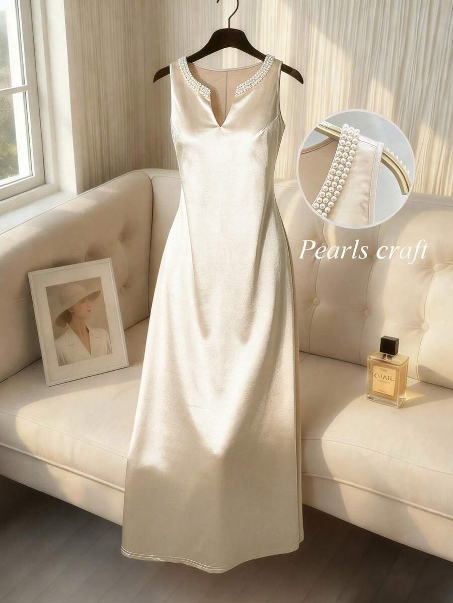 Weeklong V-Neck Pearl Collar Sleeveless A-Line Satin Maxi Dress, Elegant Party Dress For Plus Size, Spring/Summer - Apricot - View 1