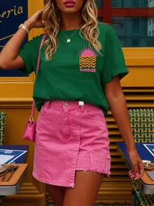 DrmWander 女士T恤，休闲街头风印花短袖T恤，可爱夏季上衣 - 綠色 - 查看 2