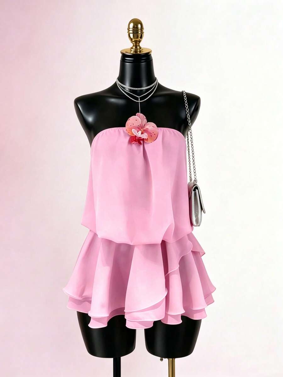 SaltGleam SaltGleam New Sexy Bandeau Unique Gorgeous Elegant Patchwork A-Line Mini Dress Golf Pastal Summer - Pink - View 1