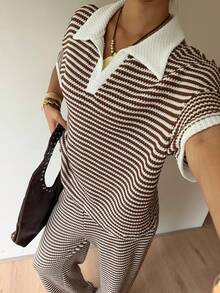 Women's Casual Vacation Daily Work Commute Contrast Stripe Print Loose Fit Dropped Shoulder Top And Pants 2 Pieces Set, Spring/Summer/Autumn,Work Outfits For Women Brown And White Outfit For Women Ootd Outfit For Women - Multicolor - View 2