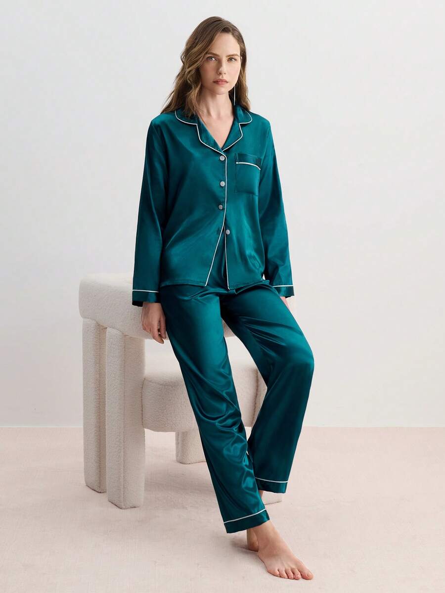 Hourtrue Ensemble de pyjama femme avec col contrasté et manches longues, vêtements d'automne et d'hiver - Bleu canard - Voir 1