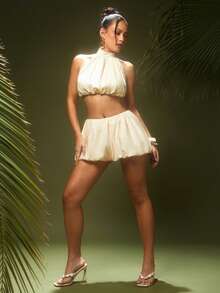 Hauture Flowy Halter Bubble Crop Top & Mini Skirt Set - Apricot - View 5