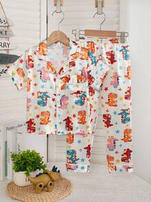 Bộ đồ ngủ 2 món cho bé trai, gồm áo khoác ngắn tay và quần in hình khủng long dễ thương, kiểu dáng thường ngày. - Màu be - Xem 6