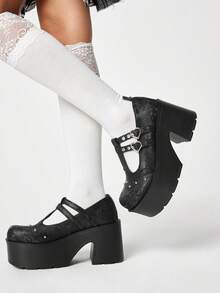 ROMWE Grunge Punk Giày sandal cao gót nữ ~ Thời trang mới 2026 Xuân Thu Phong cách Punk Màu Hồng Đào Đậm Hình trái tim Chữ thập Đính Đinh Tán Mũi Tròn Phong cách Spice Girl Anh Quốc Giày da nhỏ Kiểu Trung Quốc Đế dày Nâng gót cao - màu đen - Xem 4