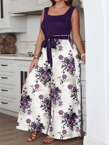 SHEIN VCAY Contrast Color Purple Floral Casual Minimalist Pattern Loose Plus Size Jumpsuit, Suitable For Spring & Summer - Multicolor - View 1