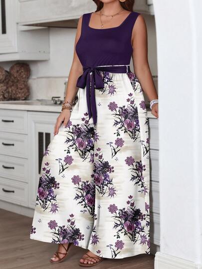 SHEIN VCAY Bộ áo liền quần dáng rộng, tối giản, phối màu tím hoa văn tương phản, cỡ lớn, thích hợp cho mùa xuân và mùa hè.