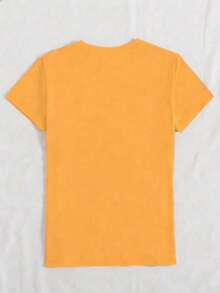 SHEIN Áo thun nữ tay ngắn in hình trái tim họa tiết da báo, chất liệu cotton cơ bản, phong cách thường ngày. - Màu vàng - Xem 2