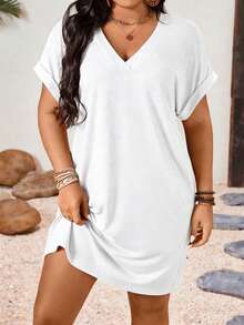 EMERY ROSE Plus Size V-Neck Solid Color Turnup Sleeve Midi Casual Spring Sundress - White - View 5