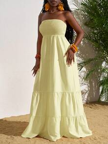 SHEIN Slayr 女士夏季度假纯色荷叶边无肩带连衣裙 - 淡黃色 - 查看 4