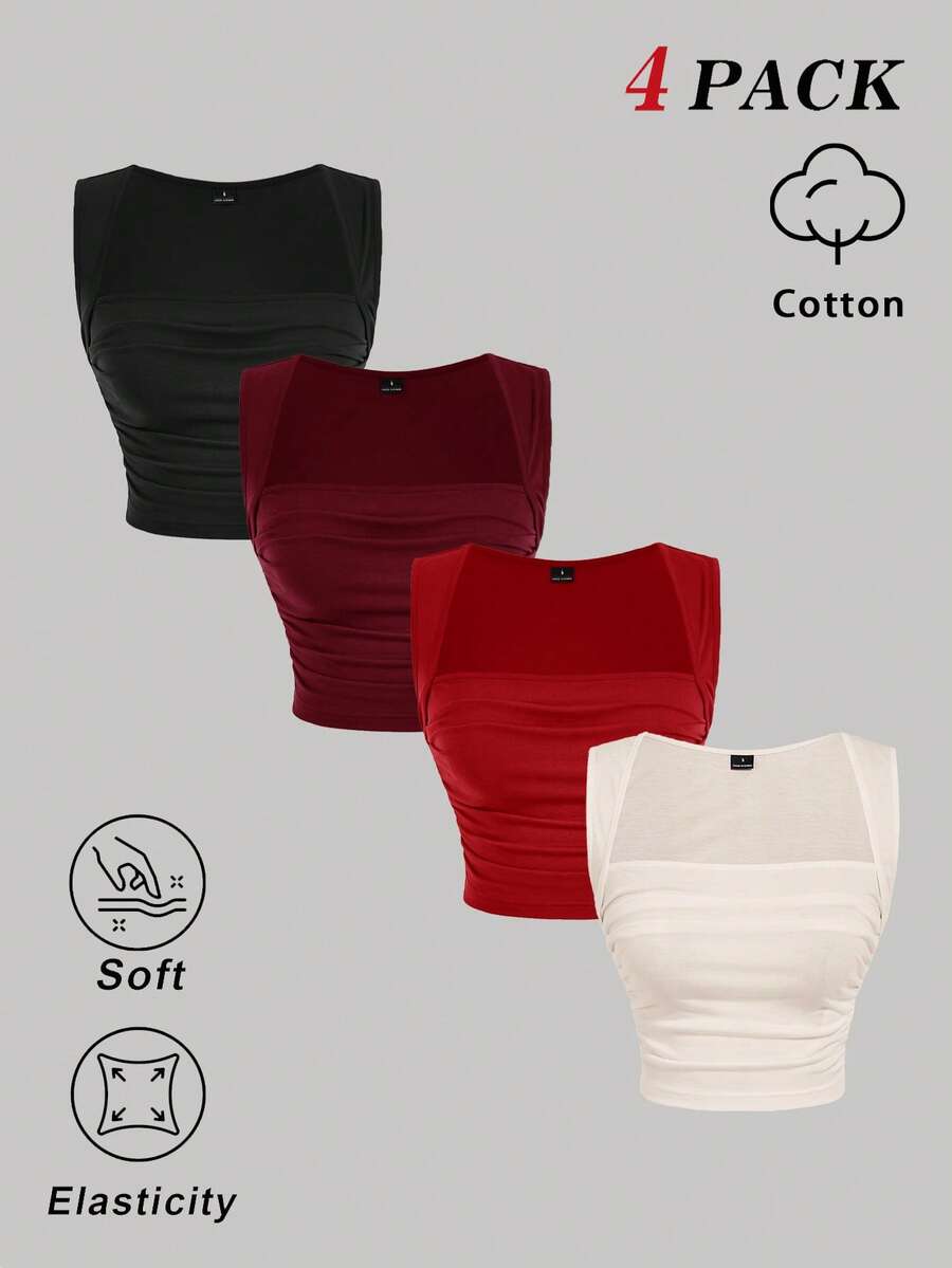SHEIN MOD Set de 4 camisetas de tirantes con cuello de pico y pliegues en colores variados - Multicolor - Ver 1
